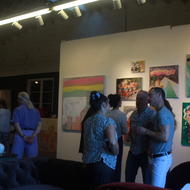 uests chat at the gallery opening of Ursula Gullow's exhibit 'Confetti' on June 10th at London District Studios.